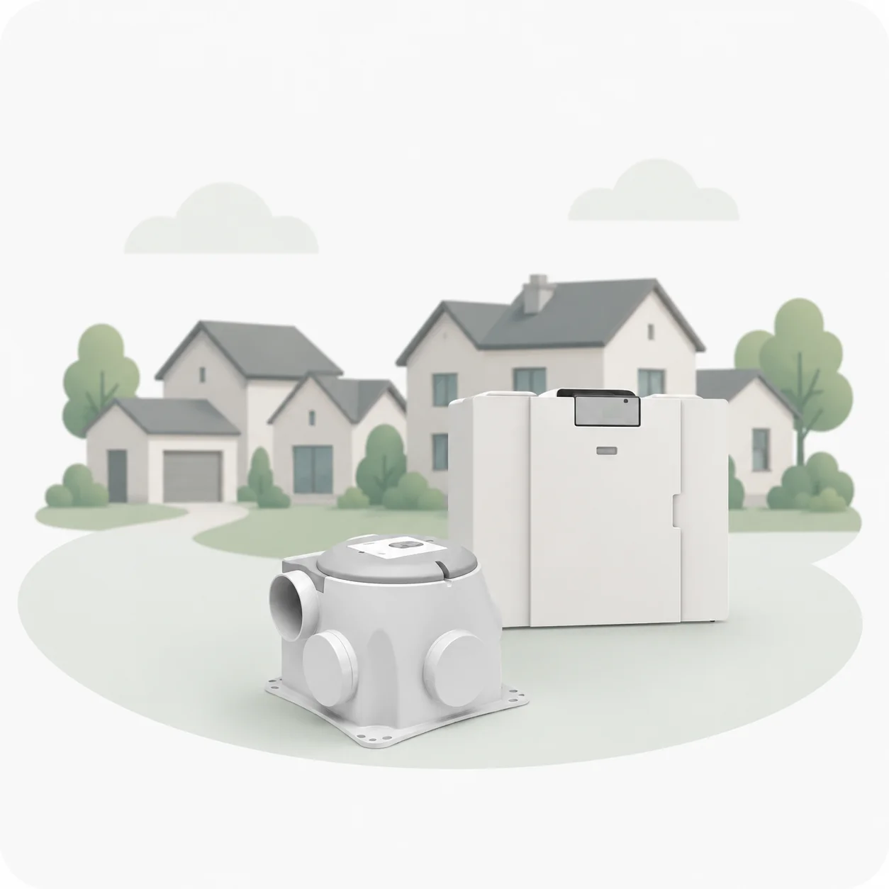 Illustratie van een buurt met woningen en Alpha Ventilatie-apparatuur